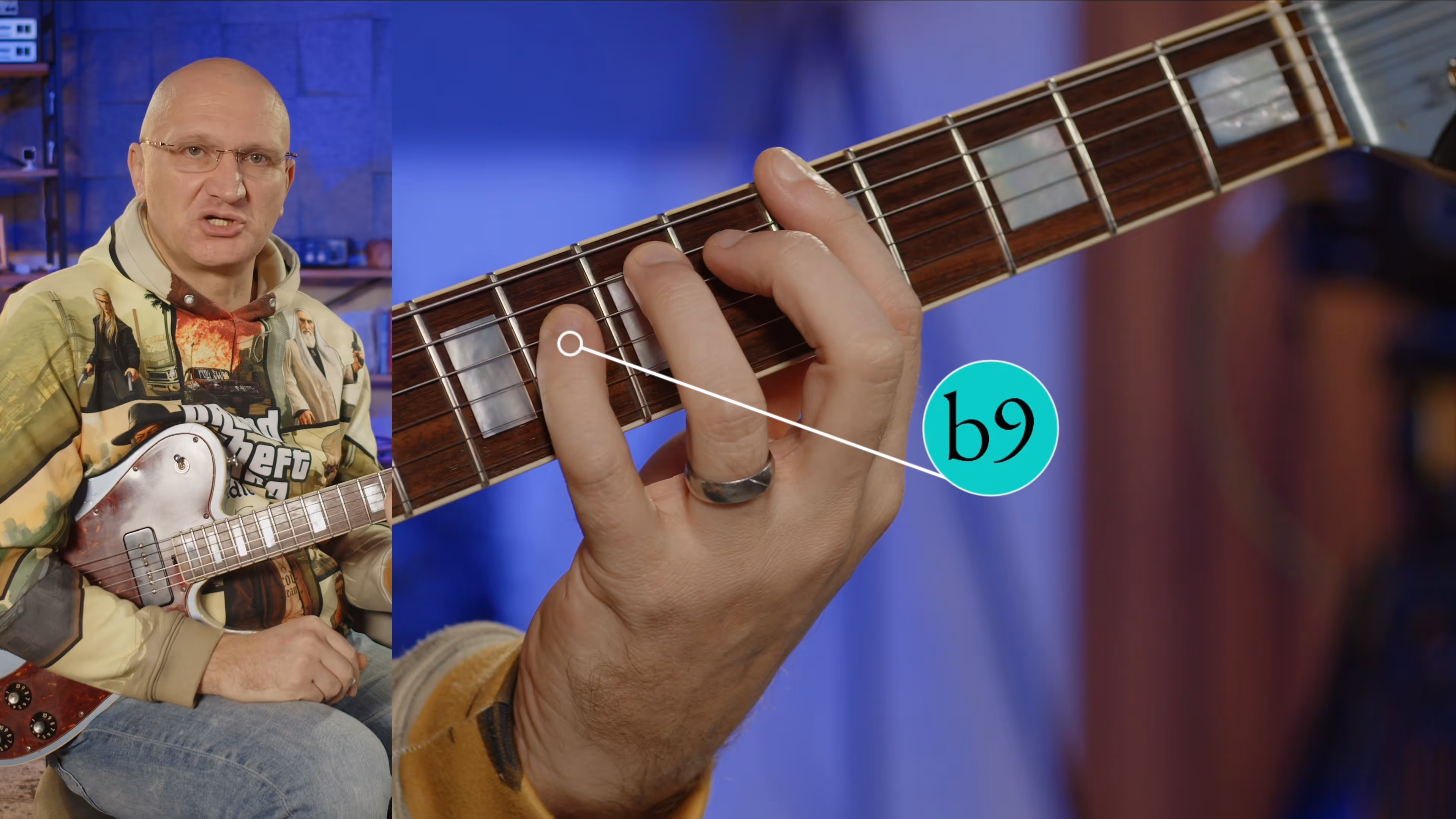 Mann mit Glatze und Brille erklärt Griffhaltung auf E-Gitarre, wobei eine Hand einen b9-Akkord auf dem Gitarrenhals zeigt.
