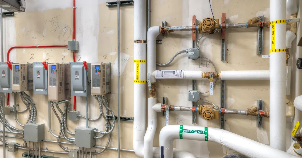 A bunch of pipes and wires in a room.