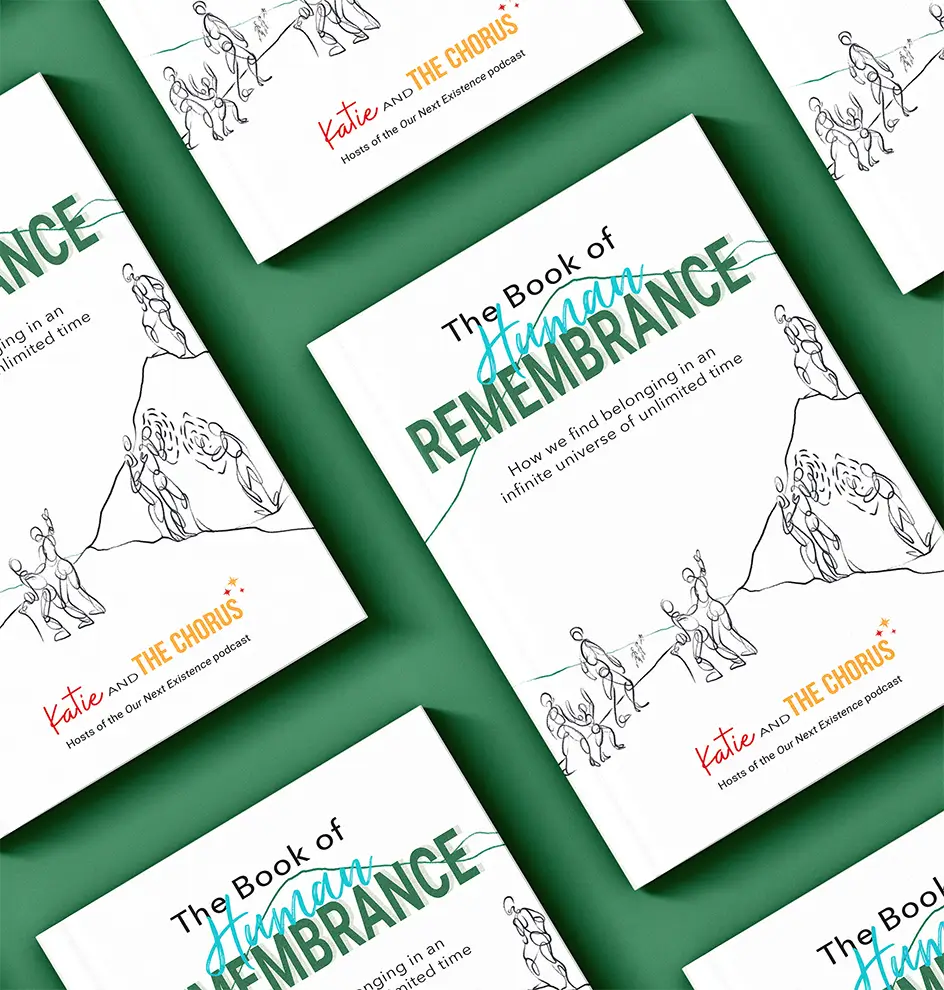 Multiple copies of 'The Book of Human Remembrance' arranged on a green surface, showcasing the cover with line drawings of people, the title in green and blue, and the authorship by Katie and The Chorus.