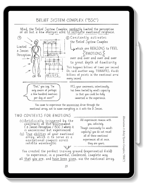 An illustrated page discussing the "Belief System Complex (BSC)" and emotions. It explains limited perception, triggers for emotions, and contexts for emotional experiences.