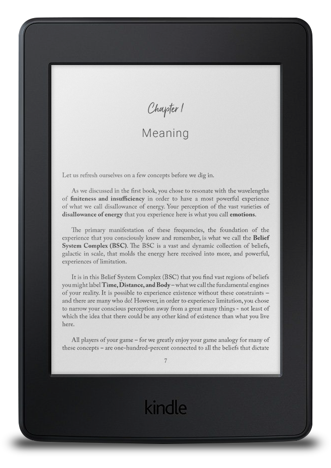 The image features an e-book reader displaying "Chapter 1: Meaning" from a spiritual text. The content explores concepts of energy, emotions, and belief systems.