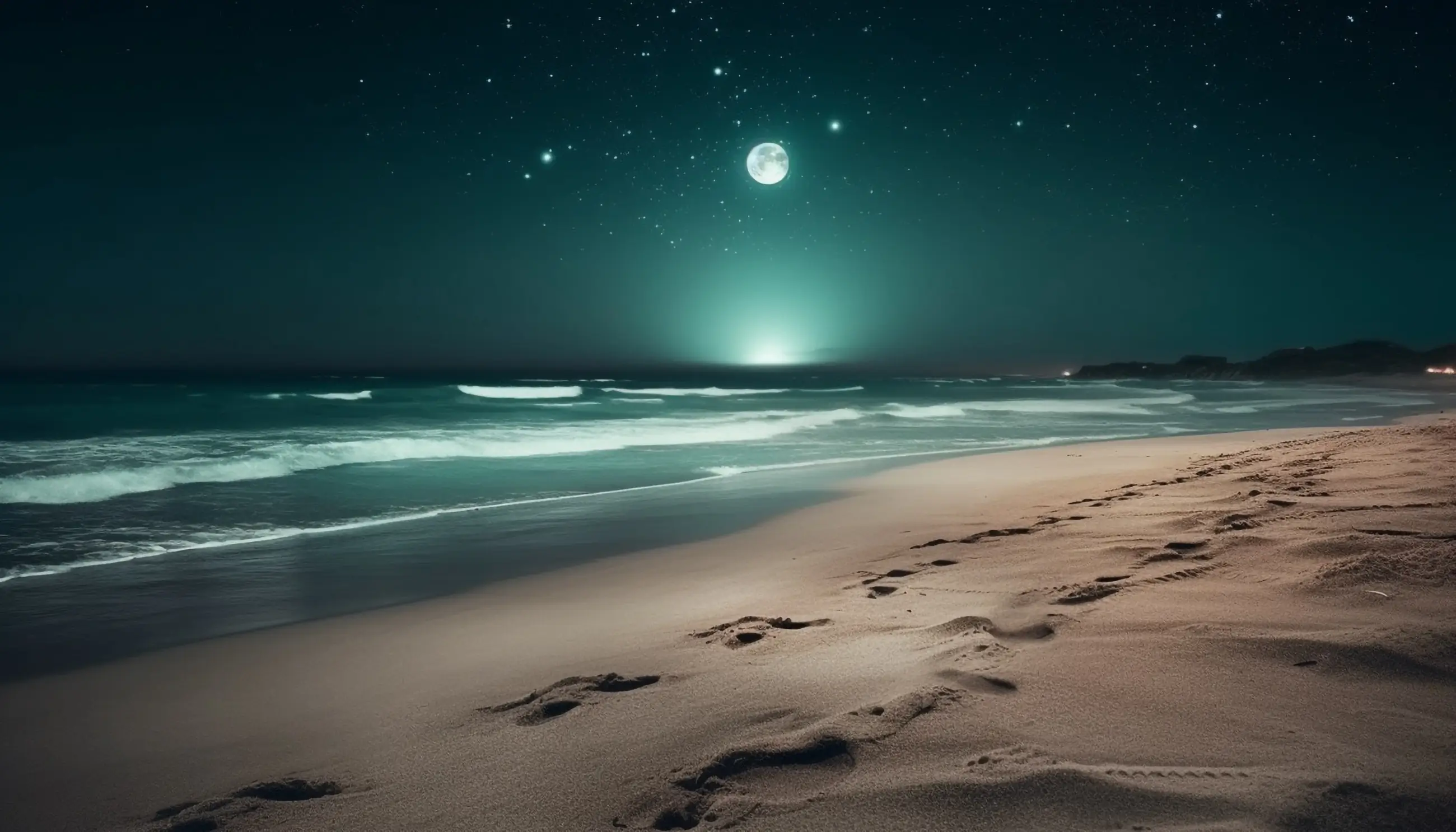 A serene nighttime beach scene under a starry sky with a full moon illuminating the ocean waves and sandy shore dotted with footprints.