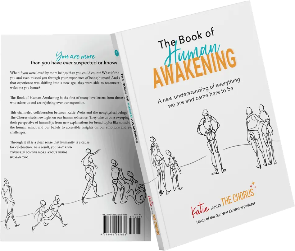 Image of "The Book of Human Awakening" by Katie and The Chorus. The cover features line art of interconnected human figures and text discussing human existence.