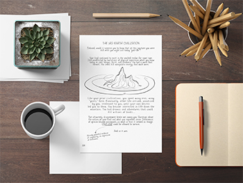 An overhead shot of a desk with paper containing text and an illustration of a flame, succulent plant, coffee, notebook with pen, and pencils in a holder.