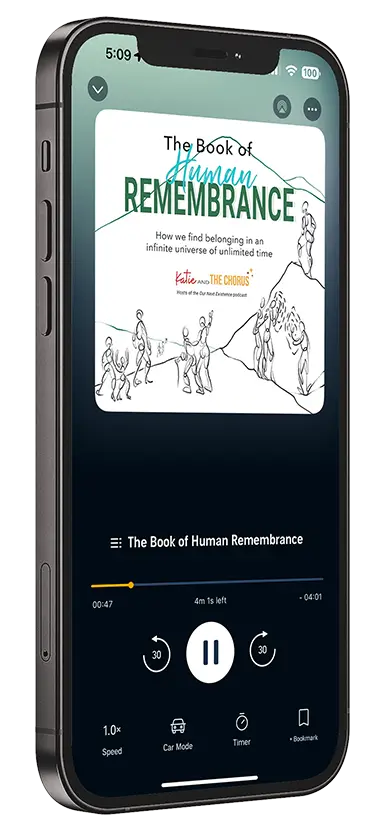 An audiobook playing an excerpt from "The Book of Human Remembrance" is displayed on a smartphone screen. The title and a sketch of human figures are visible.