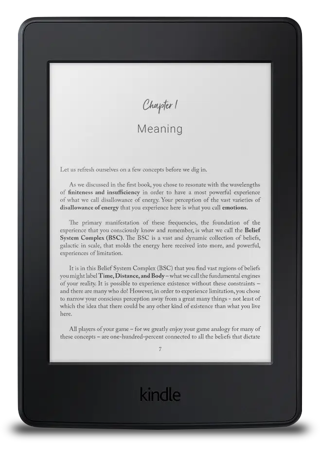 A Kindle displays text from Chapter 1, "Meaning," discussing energy disallowance, emotions, and the Belief System Complex related to human experiences.
