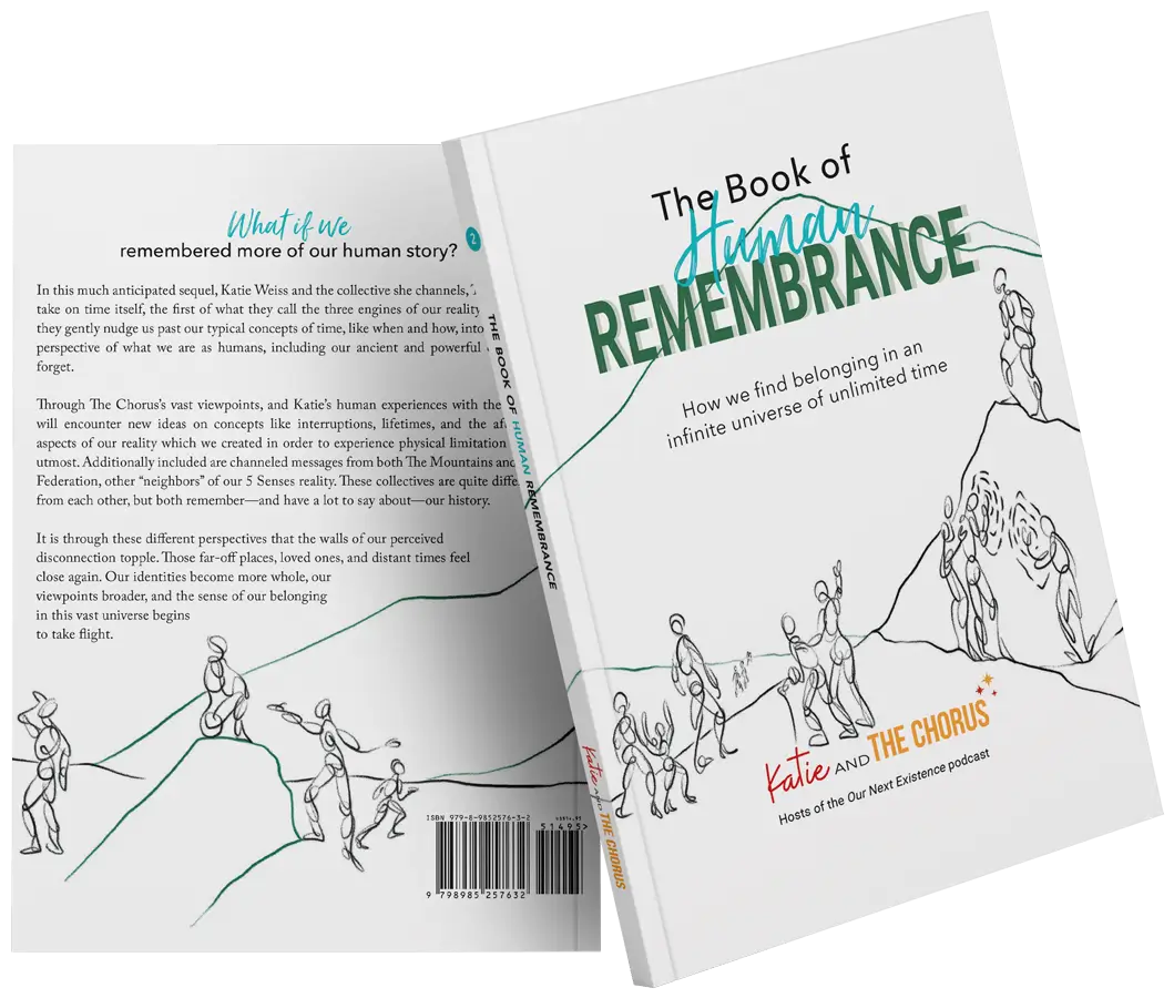 Image of "The Book of Human Remembrance" by Katie and The Chorus. It showcases the front and back covers with illustrations of people connecting. Text explores human history and belonging.
