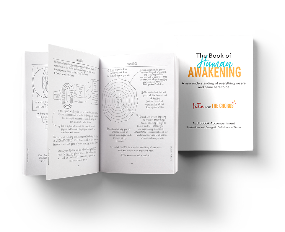 An open book titled "The Book of Human Awakening" with diagrams and handwritten annotations explaining concepts of change, control, and human consciousness.