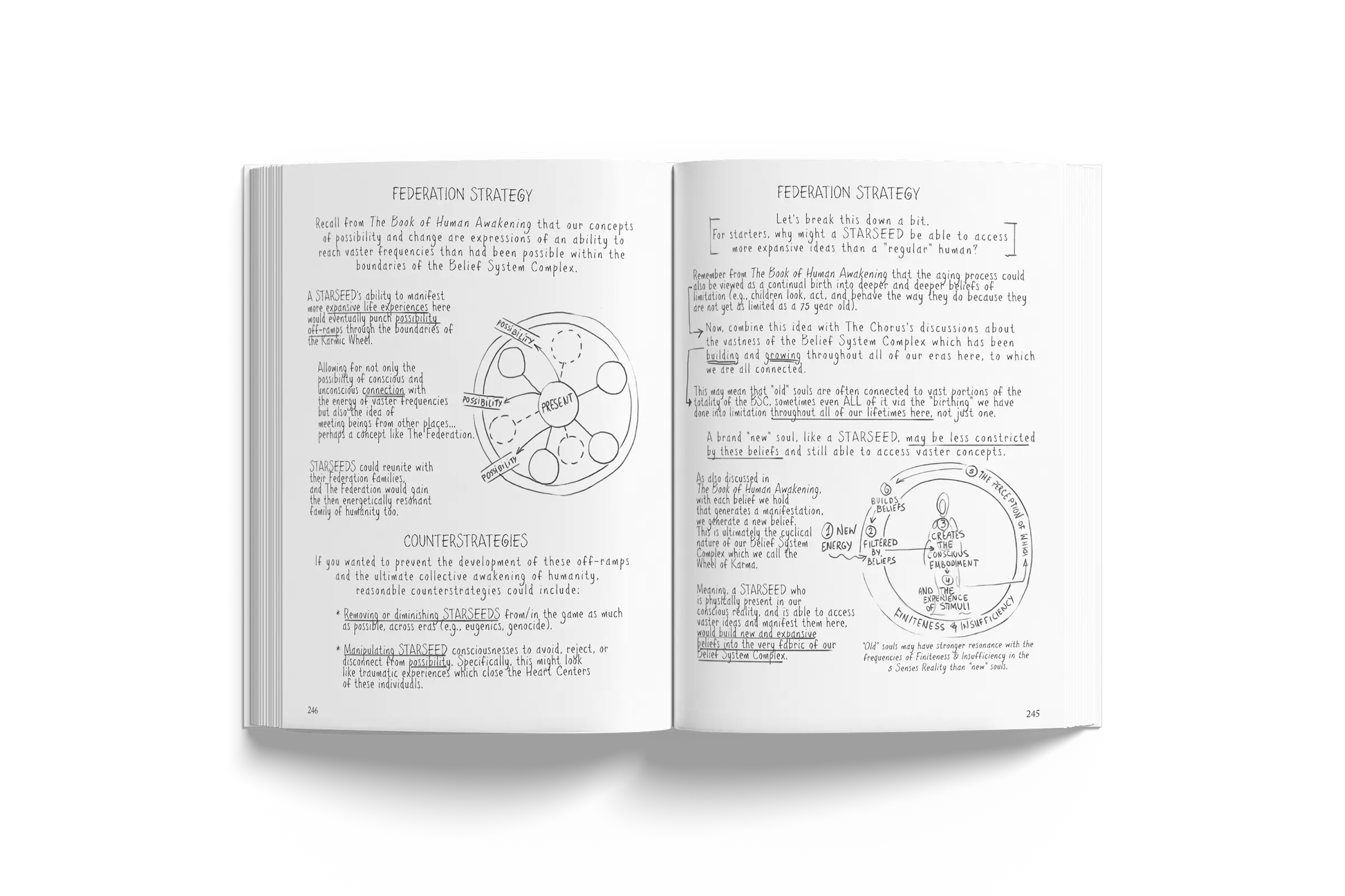 The Book of Human Awakening. Open book image displaying Chapter 7 titled “Energetic Loopholes” on the left page and a detailed diagram of the mind-body connection on the right page.