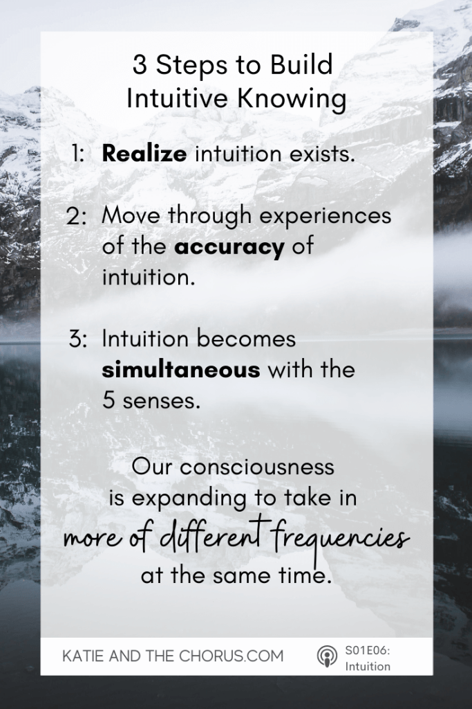 3 Steps to Build Intuitive Knowing: (1) Realize Intuition exists; (2) Move through experiences of the accuracy of intuition; (3) Intuition becomes simultaneous with the 5 senses. Our consciousness is expanding to take in more of different frequencies at the same time.