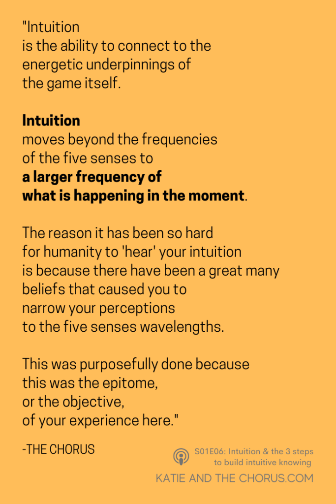 Quote: Intuition is the ability to connect to the energetic underpinnings of the game itself. Intuition moves beyond the frequencies of the five senses to a larger frequency of what is happening in the moment. The reason it has been so hard for humanity to 'hear' your intuition is because there have been a great many beliefs that caused you to narrow your perceptions to the five senses wavelengths. This was purposefully done because this was the epitome, or the objective, of your experience here."