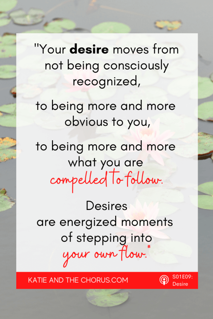 Quote: "Your desire moves from not being consciously recognized, to being more and more obvious to you, to being more and more what you are compelled to follow. Desires are energized moments of stepping into your own flow." - Katie and The Chorus