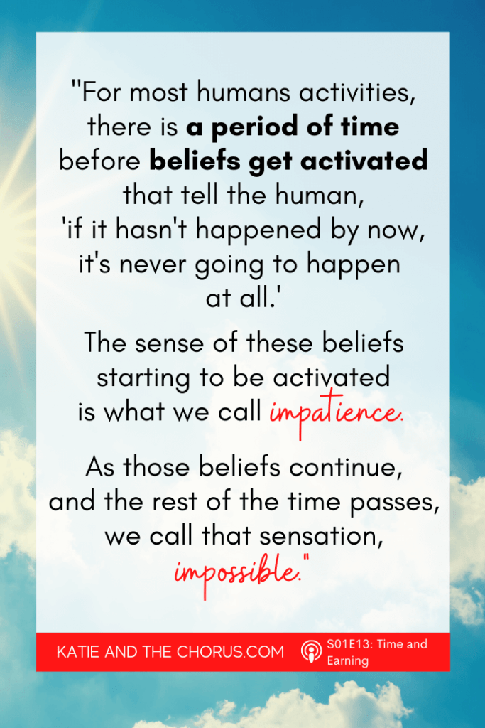 Quote: "For most human activities, there is a period of time before beliefs get activated that tell the human, 'if it hasn't happened by now, it's never going to happen at all.' The sense of these beliefs starting to be activated is what we call impatience. As those beliefs continue, and the rest of the time passes, we call that sensation impossible." - Katie and The Chorus