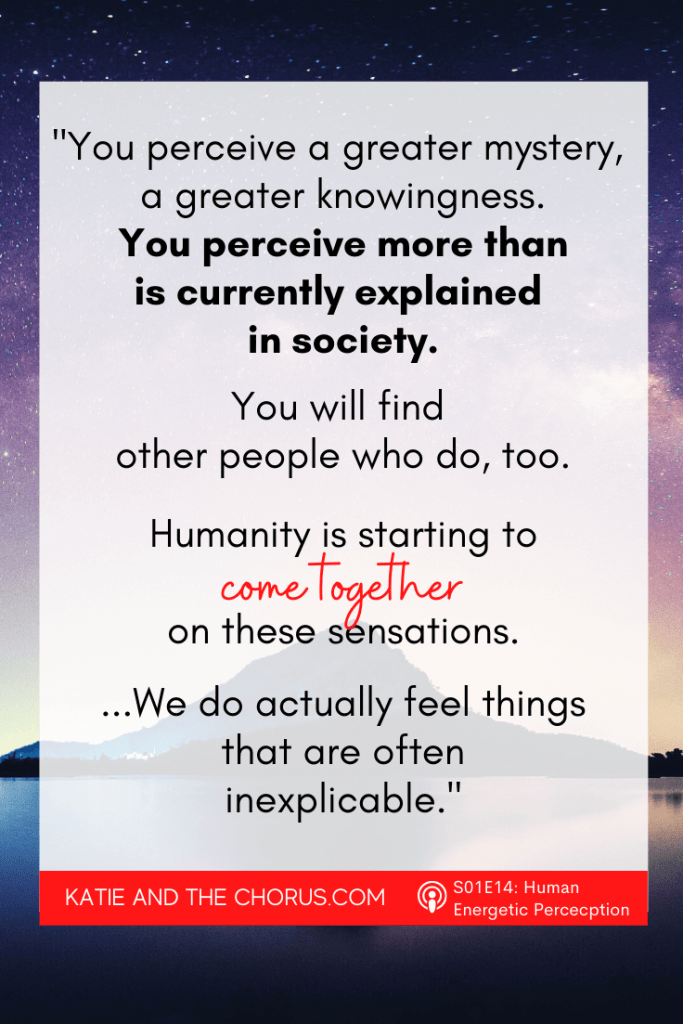 Quote: "You perceive a greater mystery, a greater knowingness. You perceive more than is currently explained in society. You will find other people who do, too. Humanity is starting to come together on these sensations. We do actually feel things that are often inexplicable." - Katie and The Chorus