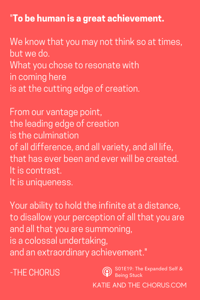Quote: "To be human is a great achievement. We know that you may not think so at times, but we do. What you chose to resonate with in coming here, is at the cutting edge of creation. From our vantage point, the leading edge of creation is the culmination of all difference, and all variety, and all life, that has ever been and ever will be created. It is contrast. It is uniqueness. Your ability to hold the infinite at a distance, to disallow your perception of all that you are and all that you are summoning, is a colossal undertaking, and an extraordinary achievement." - Katie and The Chorus