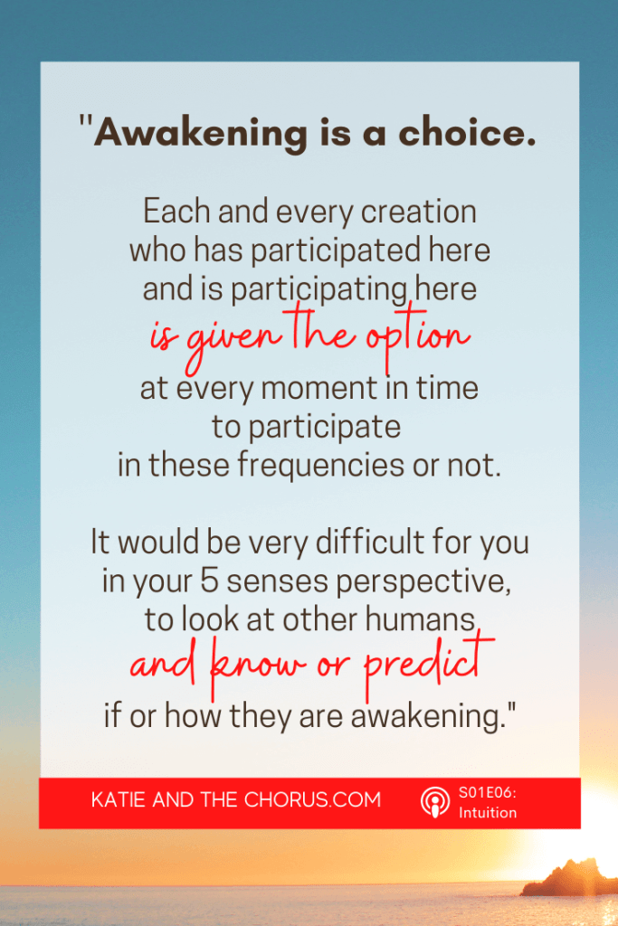 Quote: "Awakening is a choice. Each and every creation who has participated here, and is participating here, is given the option at every moment in time to participate in these frequencies of not. It would be very difficult for you in your 5 senses perspective, to look at other humans and know or predict if or how they are awakening."