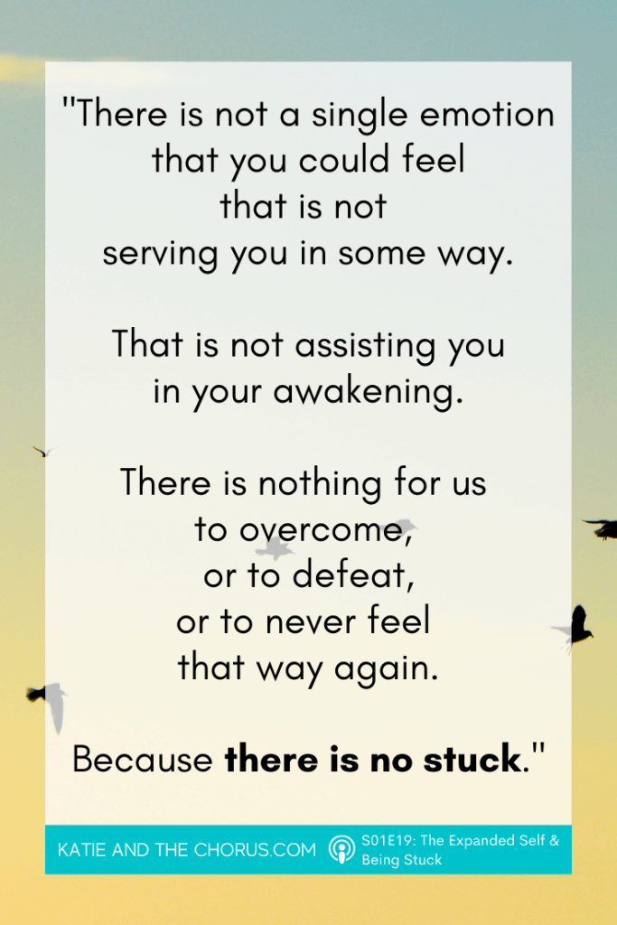 Quote: "There is not a single emotion that you could feel that is not serving you in some way. That is not assisting you in your awakening. There is nothing for us to overcome, or to defeat, or to never feel that way again. Because there is no stuck." - Katie and The Chorus