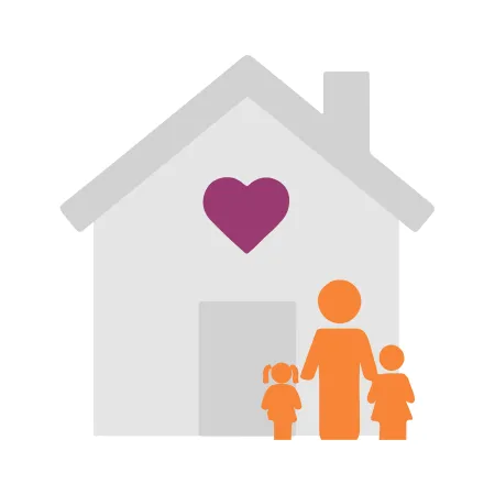 Gray house with a purple heart symbol above the door and orange silhouettes of one adult and two children holding hands in front.