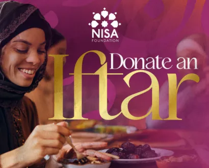 Smiling woman in a hijab serving food with text overlay reading 'NISA Foundation Donate an Iftar'.
