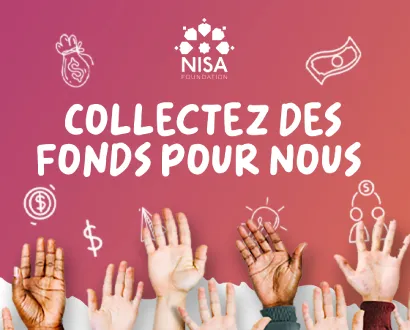 Raised diverse hands on pink gradient background with NISA Foundation logo and text 'Collectez des fonds pour nous'.