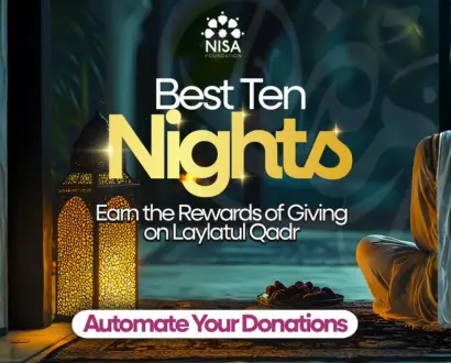 NISA Foundation poster with glowing lantern and person sitting, promoting 'Best Ten Nights' and earning rewards by giving on Laylatul Qadr with a call to automate donations.