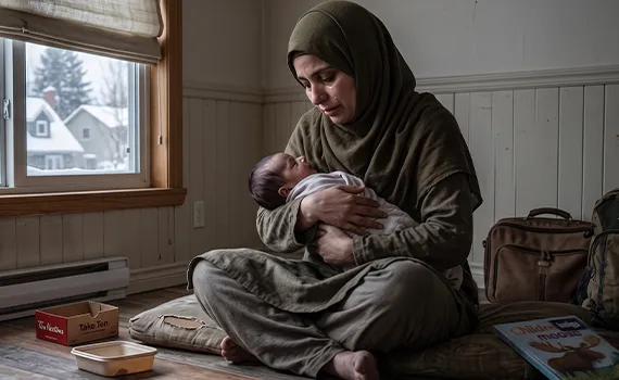 Woman in a green hijab sitting cross-legged on a mattress, tenderly holding a sleeping baby indoors near a window.