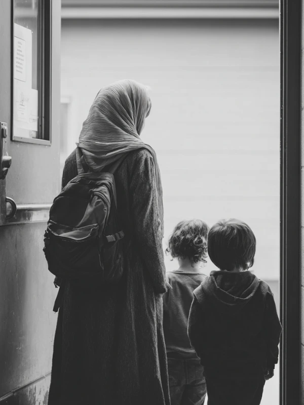 Black and white photo of a woman wearing a headscarf and backpack standing with two children facing an open door.