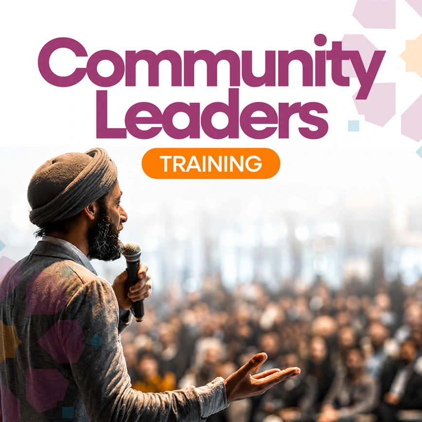 A promotional graphic titled "Community Leaders TRAINING" featuring a man with a beard and a head wrap holding a microphone while speaking to a large audience.