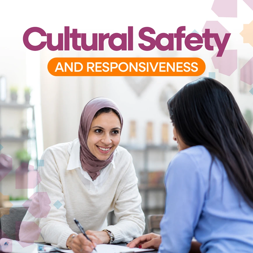 A promotional graphic titled "Cultural Safety and Responsiveness" featuring a smiling woman wearing a hijab interacting across a desk with another woman.