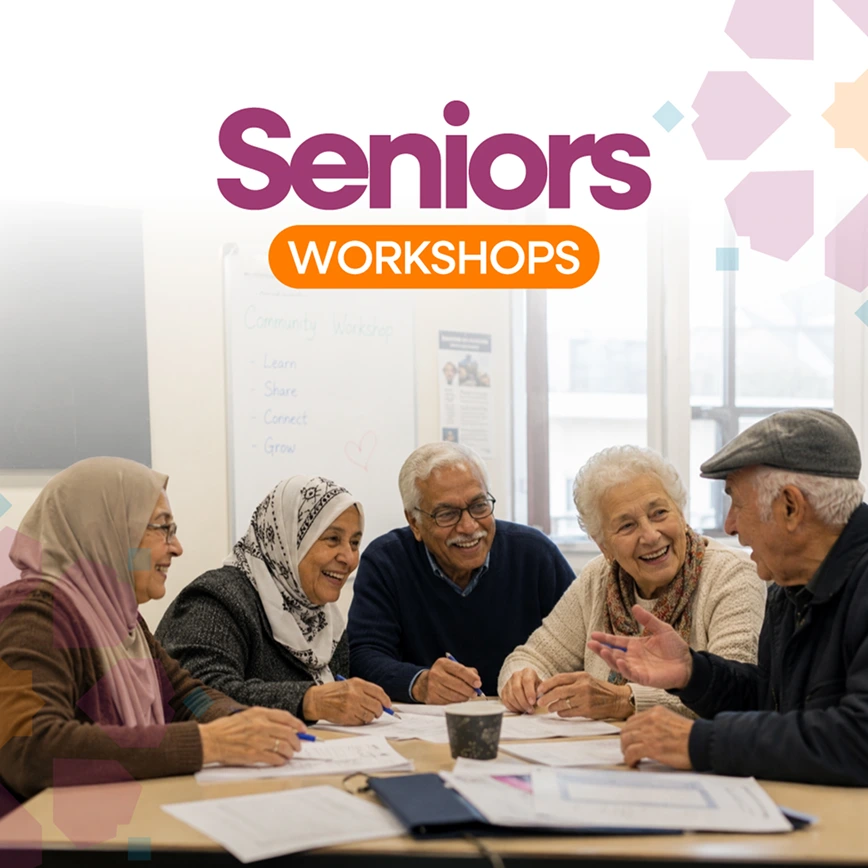 A promotional graphic titled "Seniors Workshops" featuring a diverse group of senior citizens smiling and talking while gathered around a table with paperwork.