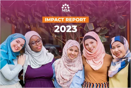 Five smiling, diverse women wearing colorful hijabs stand side-by-side beneath the NISA logo and the text "IMPACT REPORT 2023" on a purple-tinted background.