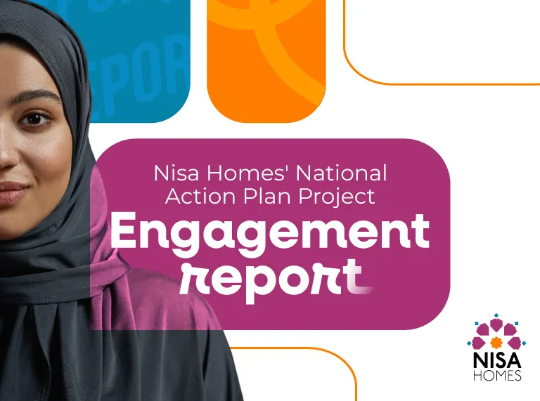 A smiling woman wearing a dark grey hijab is featured next to a magenta block containing the text "Nisa Homes' National Action Plan Project Engagement report," with the Nisa Homes logo in the bottom right corner.