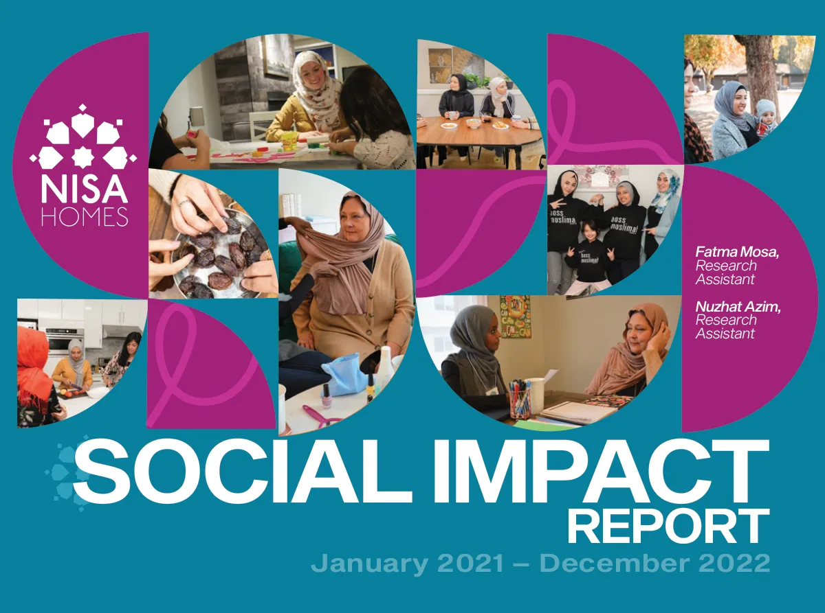 The cover of the Nisa Homes Social Impact Report for January 2021 to December 2022 features a collage of Muslim women engaging in community activities, cooking, and sharing meals. The text reads "Nisa Homes Social Impact Report January 2021 – December 2022" and credits research assistants Fatma Mosa and Nuzhat Azim.