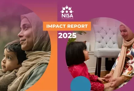 The Nisa Foundation Impact Report 2025 cover features the organization's logo alongside two circular photos of Muslim women wearing hijabs interacting warmly with young children against a purple and orange background.