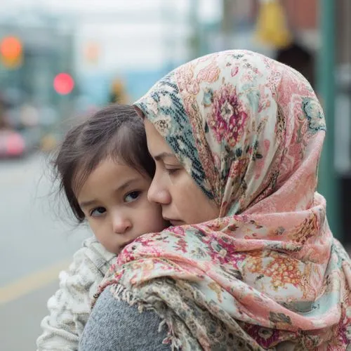 A woman wearing a floral-patterned headscarf holds a young child close to her shoulder, both looking toward the side against a blurred urban background.