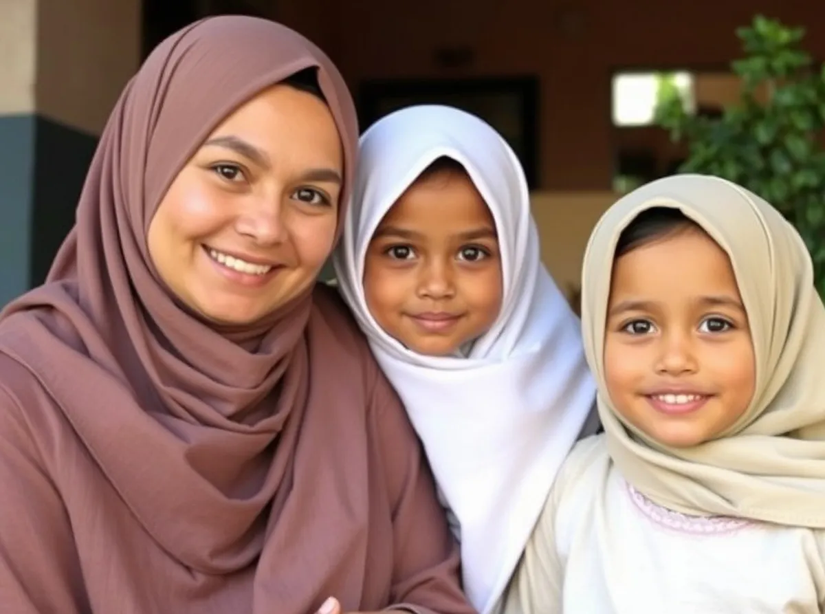 A woman wearing a mauve hijab smiles alongside two young girls, one wearing a white hijab and the other a beige hijab.