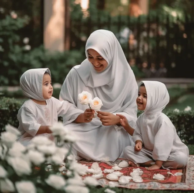 Muslim mother spending quality time with her children in a peaceful outdoor setting