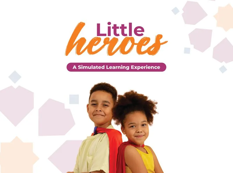 A young boy and girl wearing superhero capes smile at the camera beneath the text "Little Heroes: A Simulated Learning Experience," set against a white background with light-colored geometric shapes.