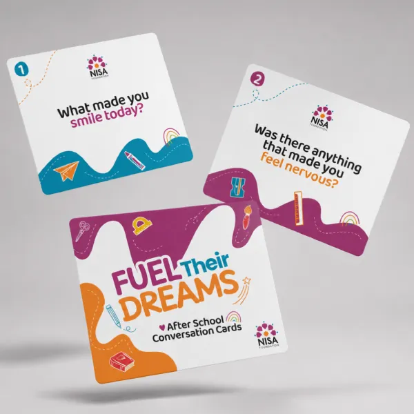 Three NISA Foundation conversation cards featuring colorful, playful designs with school-themed icons and prompts to encourage children to talk.