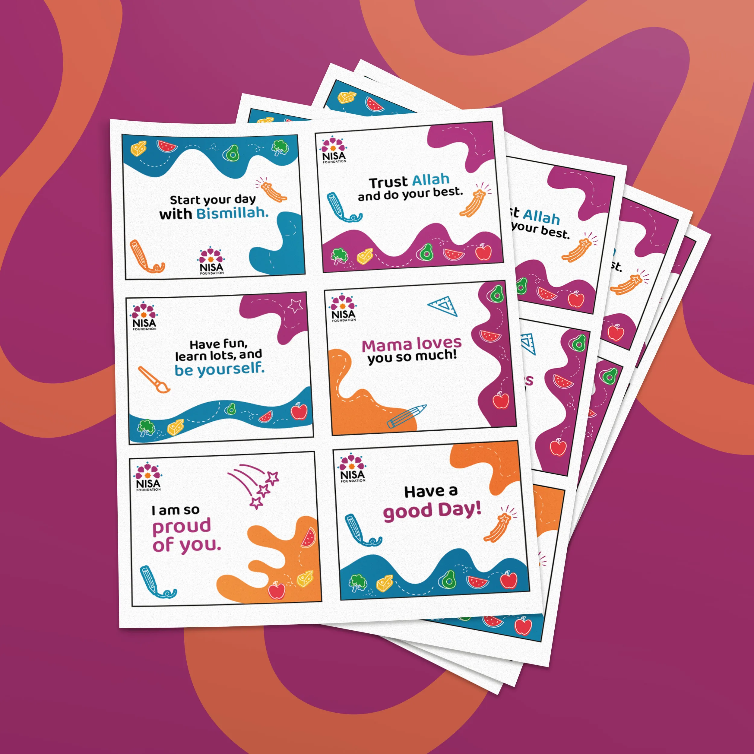 Six Nisa Foundation printable lunchbox note cards with colourful designs and encouraging messages for children, such as “Trust Allah” and “Have a good day!”.