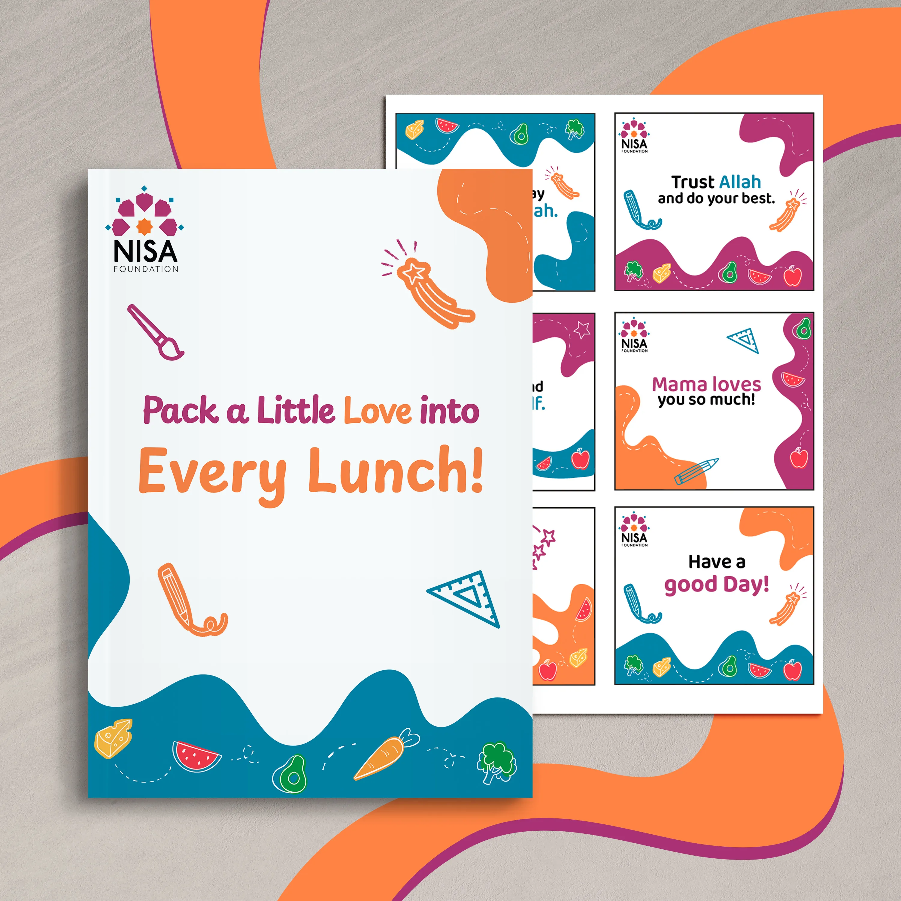 A booklet titled “Pack a Little Love into Every Lunch!” and six lunch notes with positive messages, decorated with colorful food illustrations and the NISA Foundation logo.