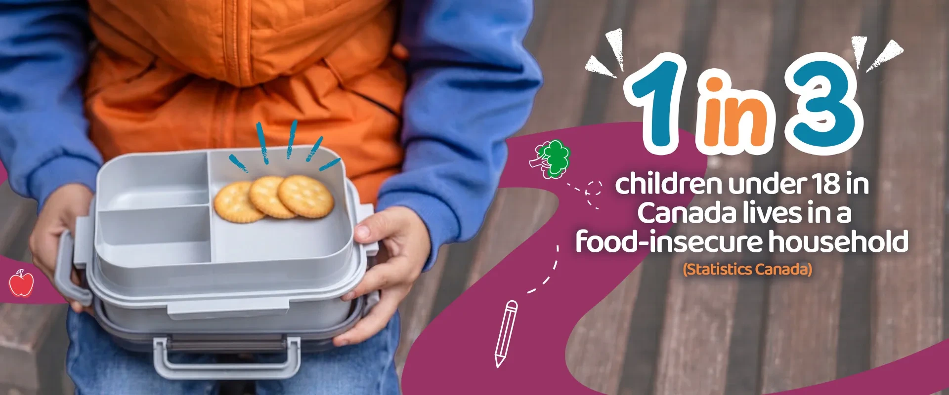 Child holding an open lunchbox with text stating 1 in 3 children under 18 in Canada lives in a food-insecure household citing Statistics Canada.
