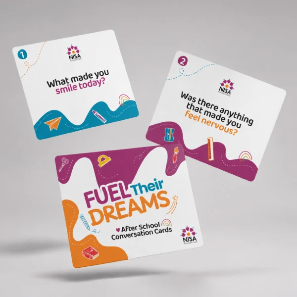Three English "Fuel Their Dreams" after-school conversation cards featuring discussion prompts for children by NISA Foundation.