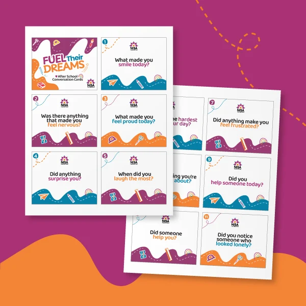 Printable English "Fuel Their Dreams" after-school conversation card sheets with numbered prompt cards for kids.