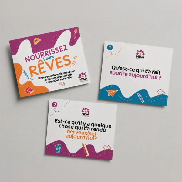 Three French-language after-school conversation starter cards by NISA Foundation with prompts for kids.