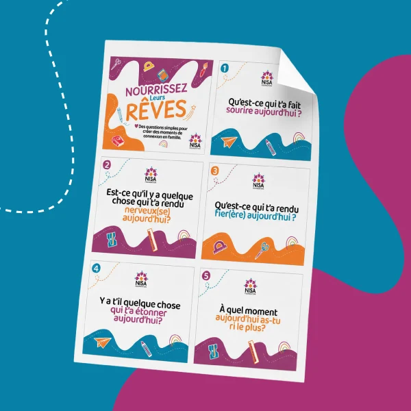 Printable French "Fuel Their Dreams" after-school conversation cards template sheet featuring family prompts by NISA Foundation.