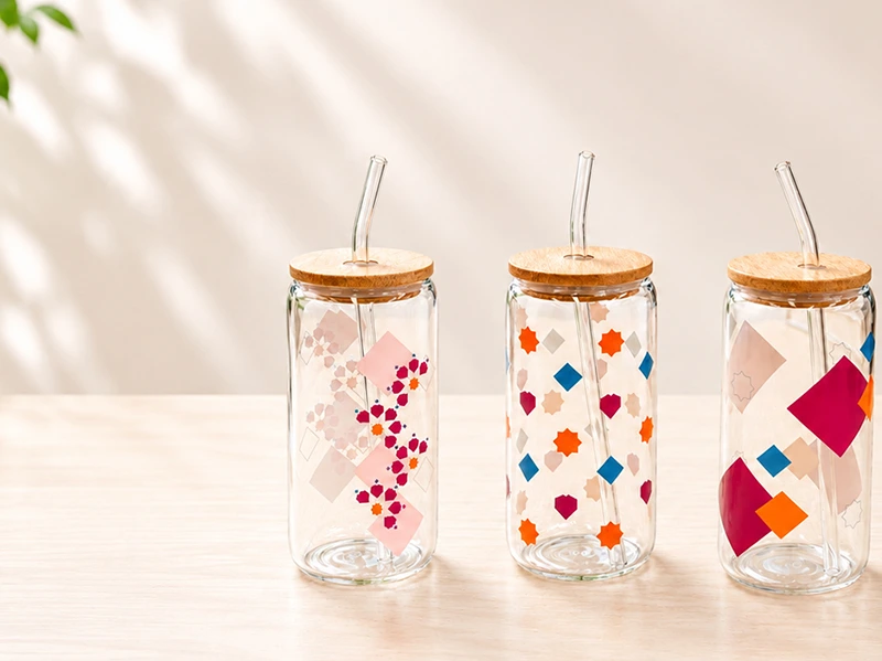 Decorative glass tumblers with colorful geometric patterns, bamboo lids, and reusable straws on a wooden table
