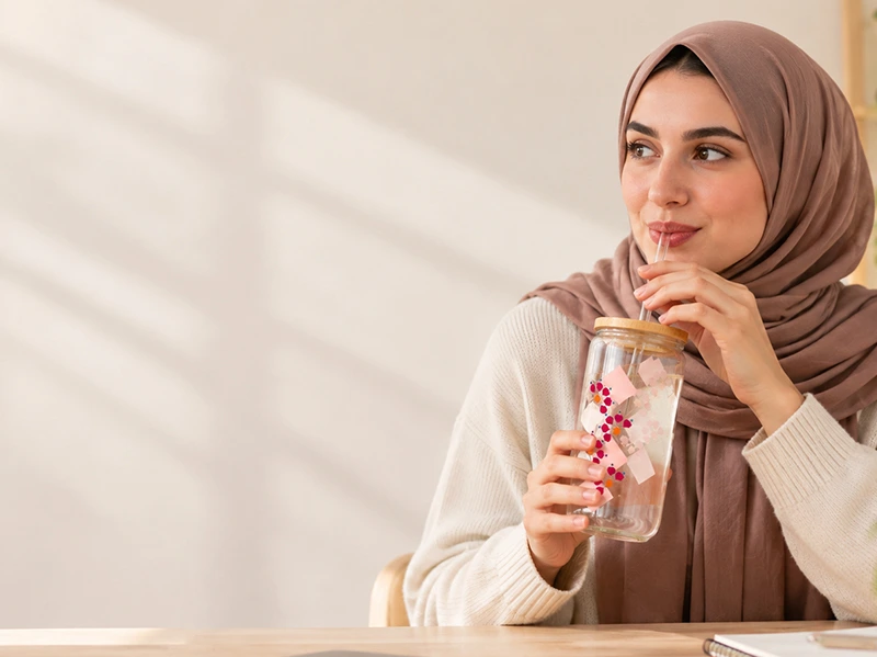 Woman in hijab enjoying a drink from a colorful reusable glass tumbler with bamboo lid