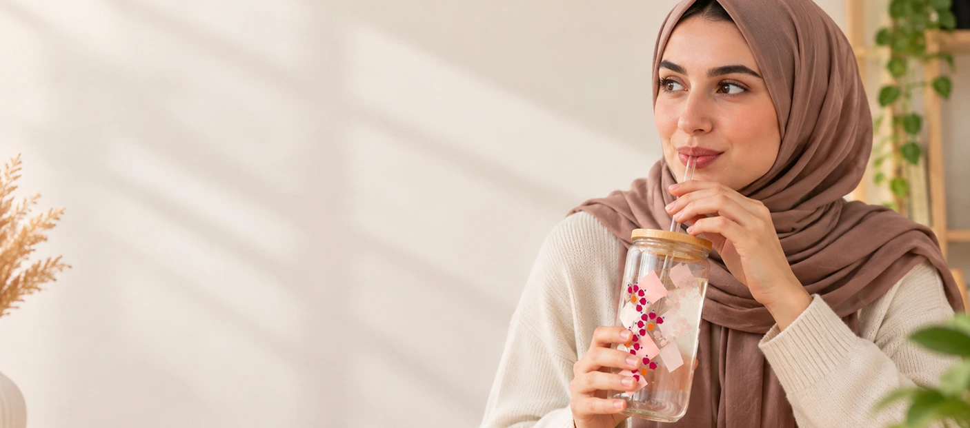 Woman wearing hijab drinking from a decorative glass tumbler with bamboo lid and reusable straw
