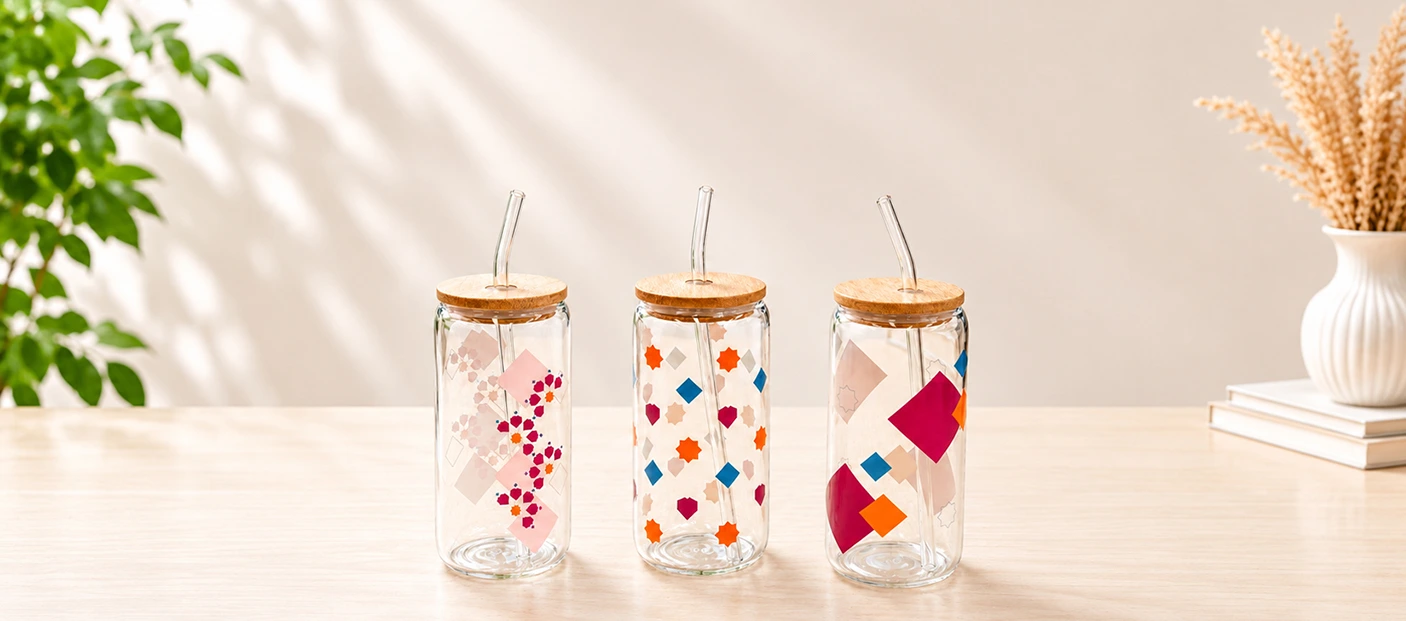 Set of colorful decorative glass tumblers with bamboo lids and reusable straws on a wooden table